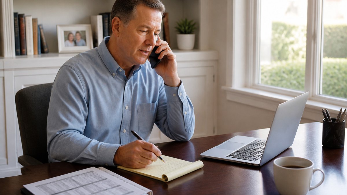 Independent insurance agent using annuity marketing strategies while on a phone call in a bright home office