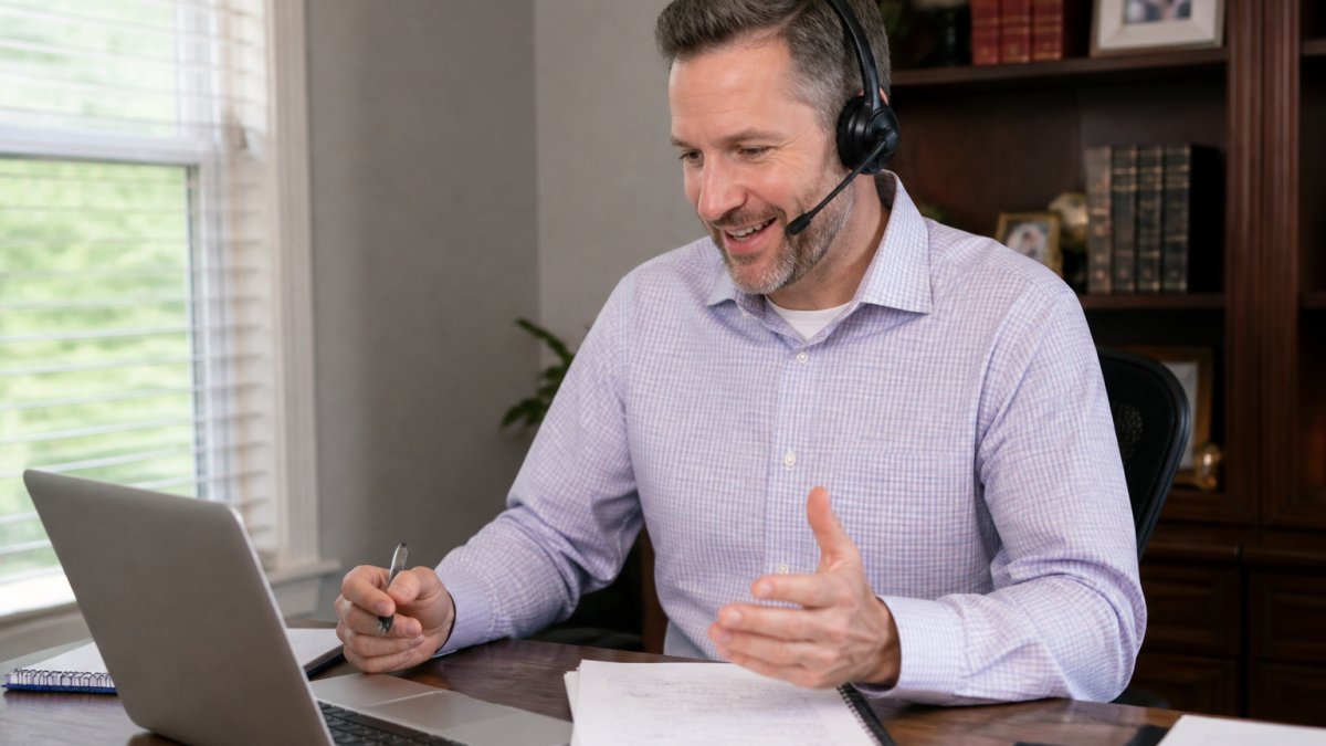 A financial advisor at a tidy desk with a headset, printed call notes, and a laptop showing a CRM record, mid-conversation and smiling