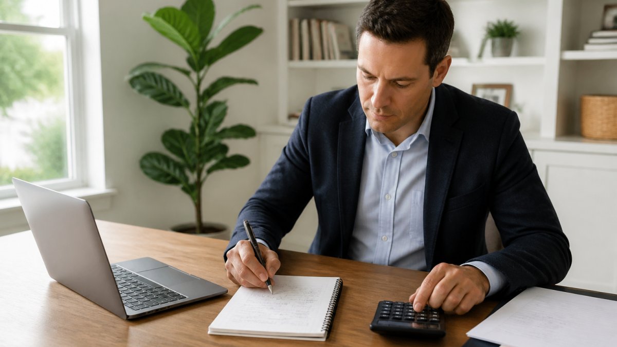 Financial advisor calculating the cost per appointment using a laptop and notepad in a bright home office
