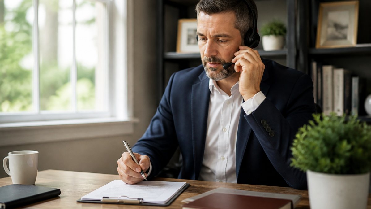 Financial advisor using a script to qualify retirement planning leads while speaking to a client on a headset.