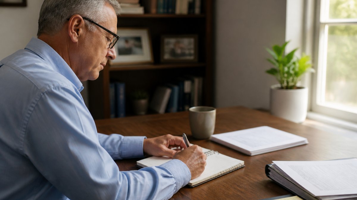 Financial advisor reviewing lead metrics and conversion data on a computer screen while making notes, representing progress tracking and performance measurement