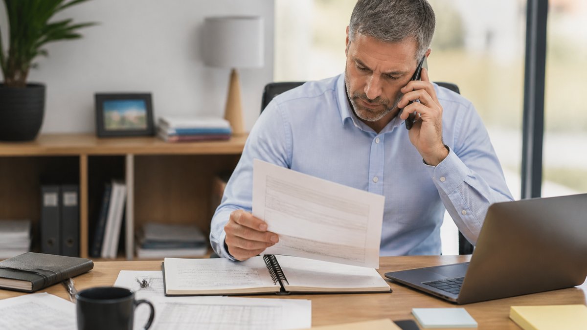 A financial advisor at a desk reviewing a printed prospect questionnaire and laptop notes, phone in hand, in a bright office