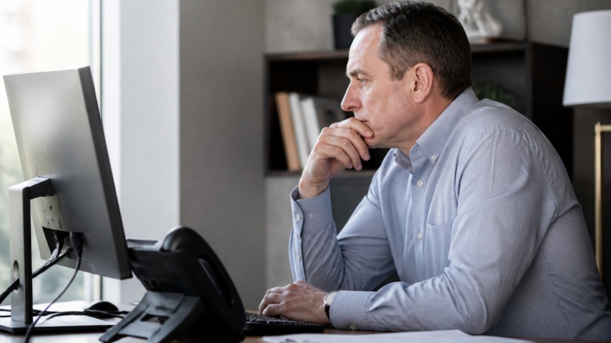 Financial advisor at desk reviewing lead data on computer screen with phone nearby, focused expression analyzing conversion metrics