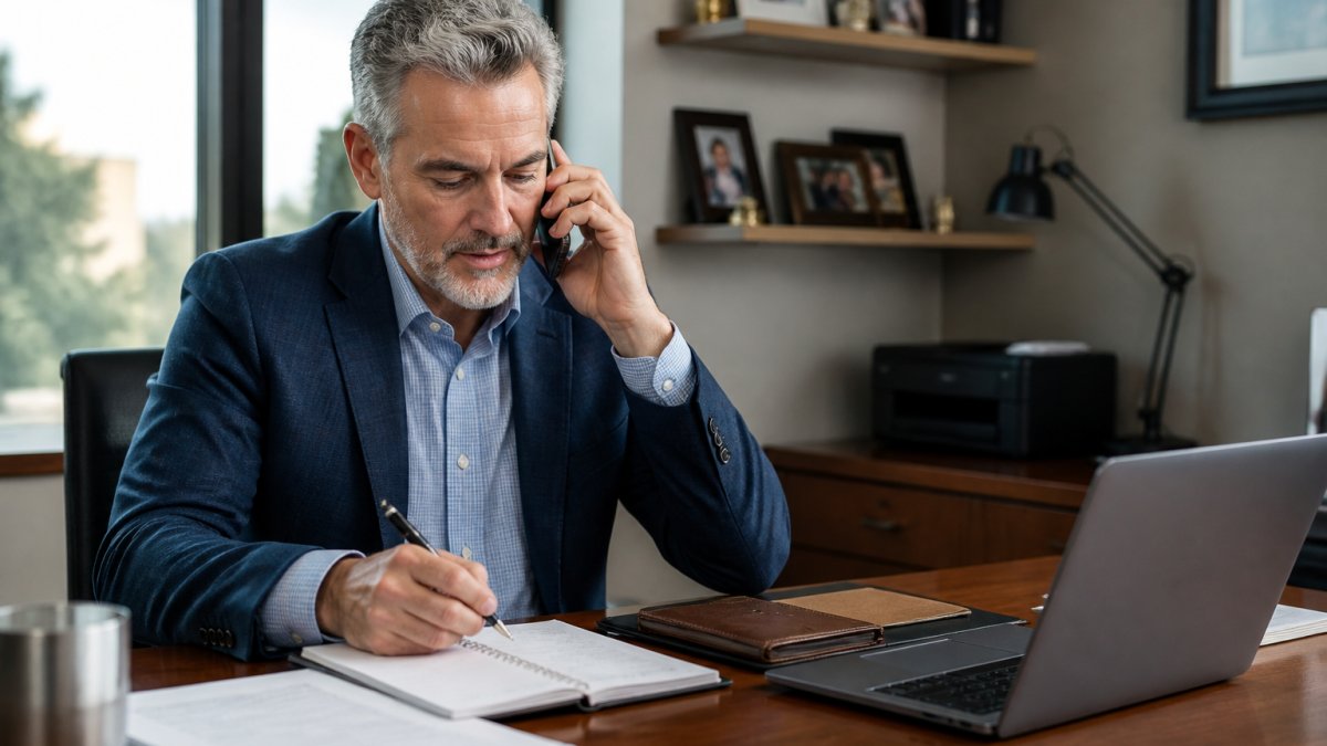 Financial advisor at desk with smartphone and laptop, reviewing prospect contact information and follow-up notes while preparing to make outreach calls