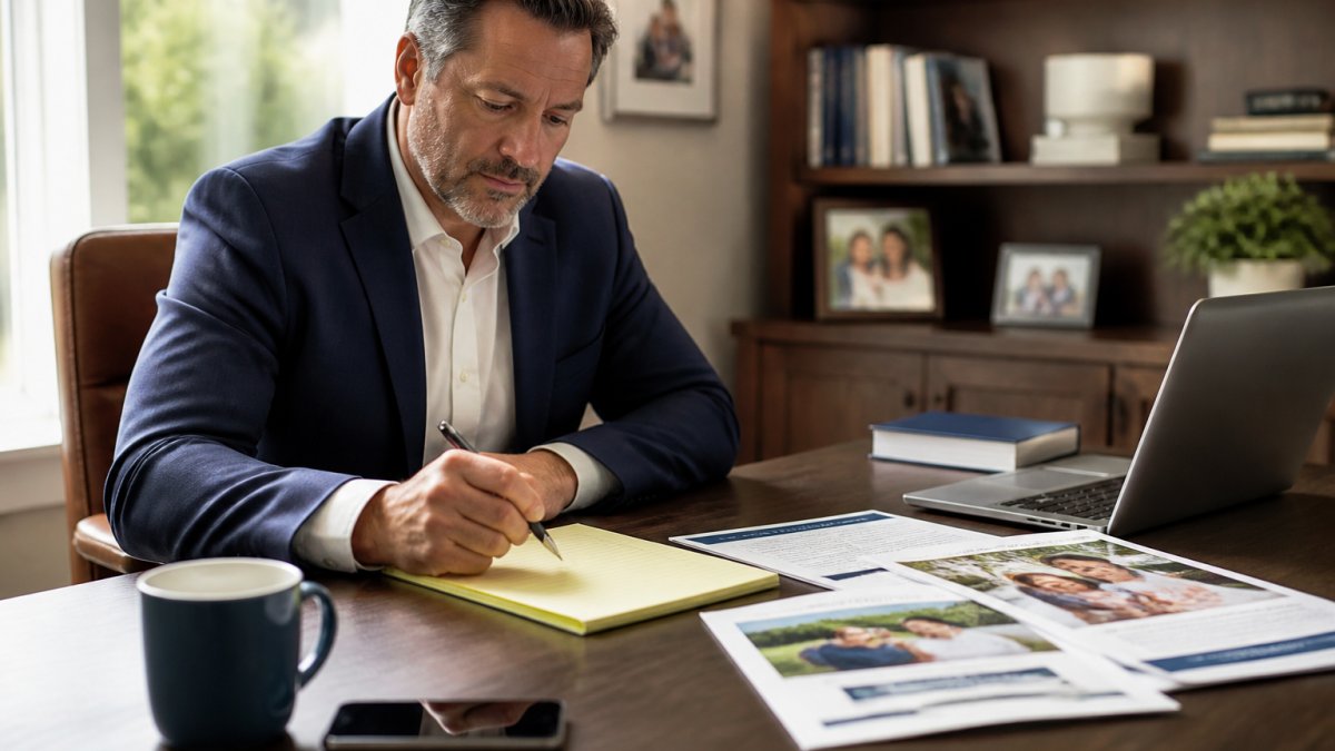 Financial advisor planning content for lead generation for social security consultants at a desk