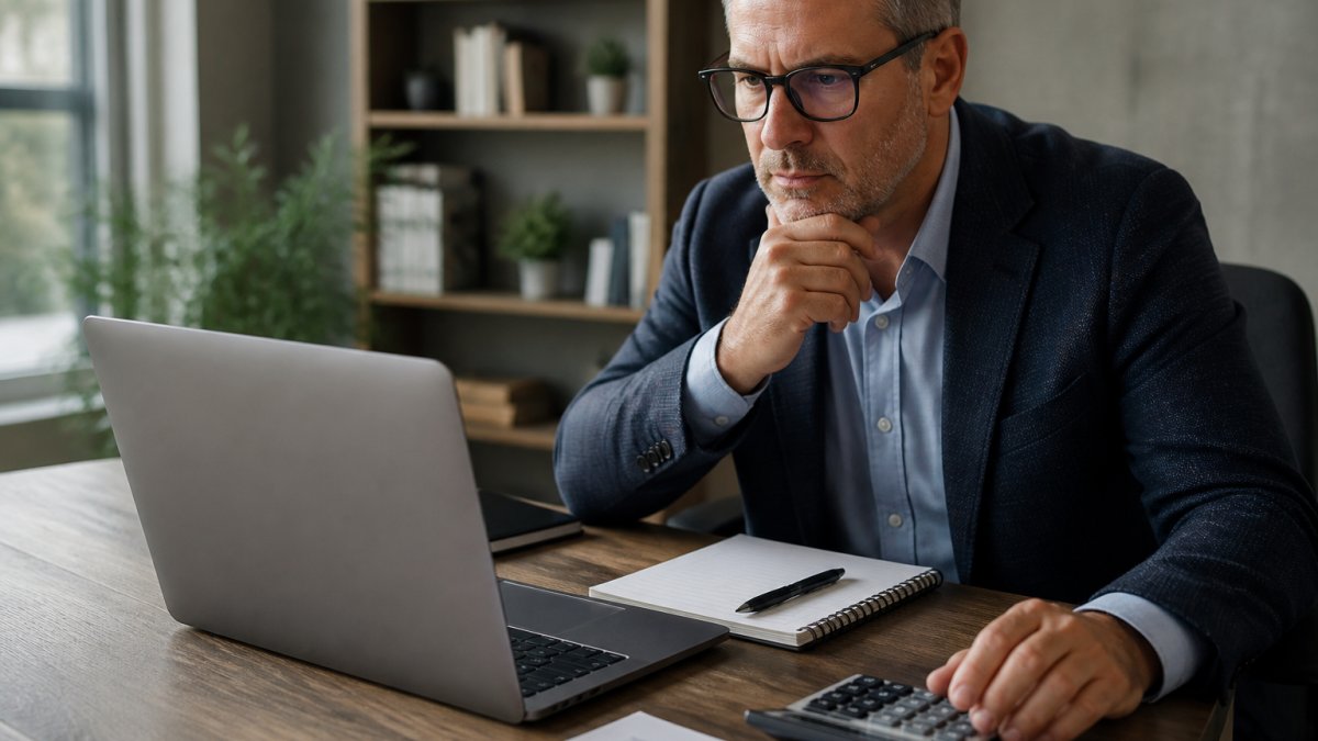 Financial advisor calculating data on a laptop for measuring lead generation ROI for agents at a desk