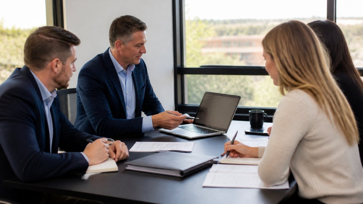 Financial advisor meeting with a small team around a conference table, reviewing client portfolios and growth metrics on a laptop, natural office lighting streaming through windows