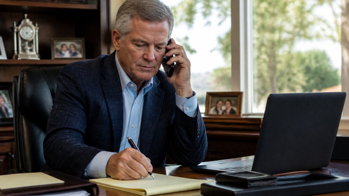 Professional financial advisor on phone call at desk with notepad and CRM open on laptop screen, focused and taking notes during prospect conversation